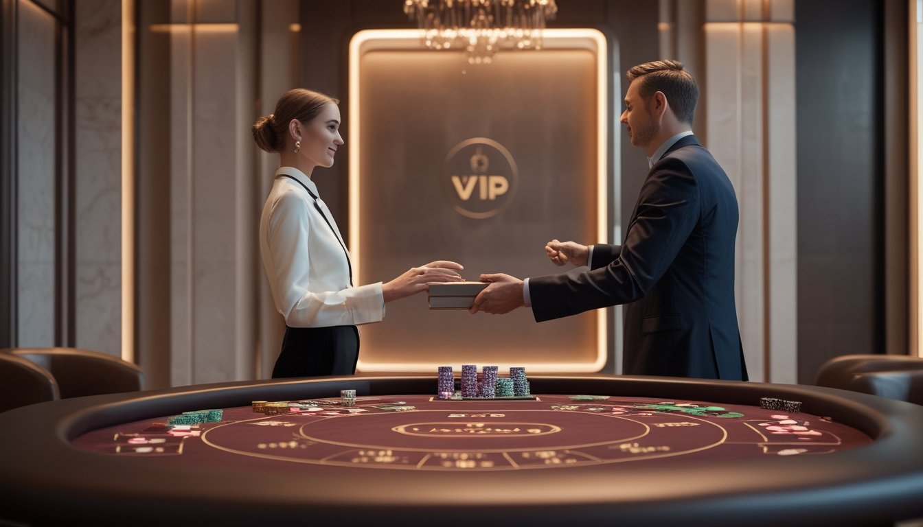 Seorang tamu VIP menerima kotak hadiah dari tuan rumah kasino di dekat meja baccarat yang elegan.