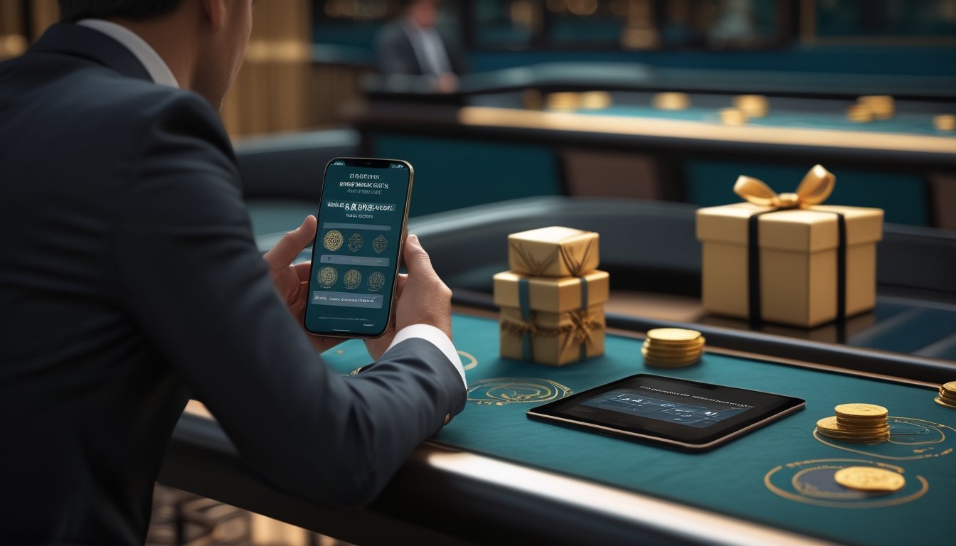 Seorang anggota VIP meninjau hadiah mingguan melalui ponsel di meja permainan elegan.