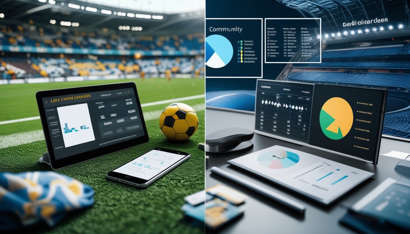 Suasana analisis perbandingan antara bandar bola lokal dan internasional dengan stadion, penggemar, ponsel, serta grafik abstrak.