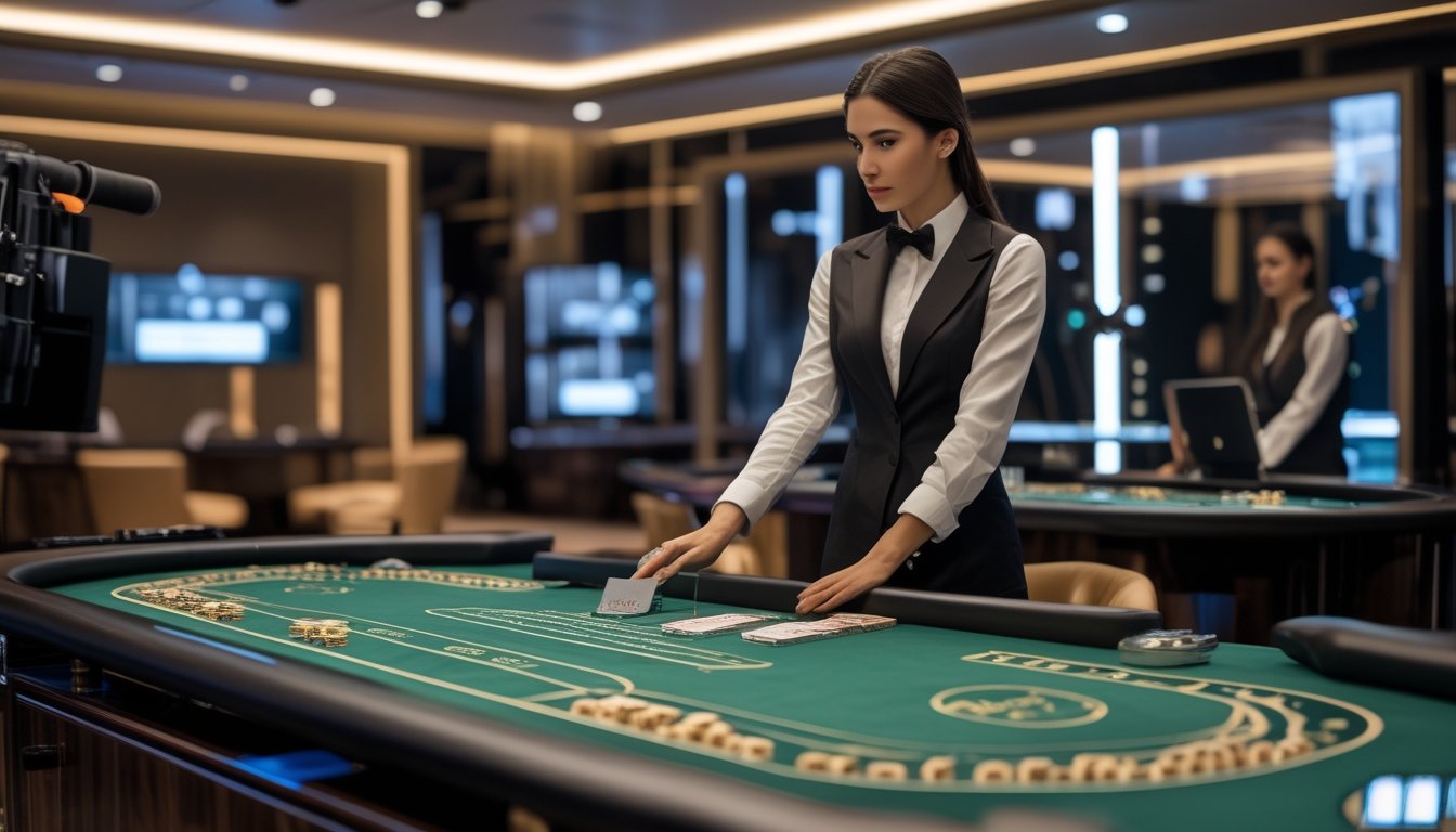 Dealer wanita menyajikan permainan baccarat di meja VIP dalam studio kasino yang elegan.