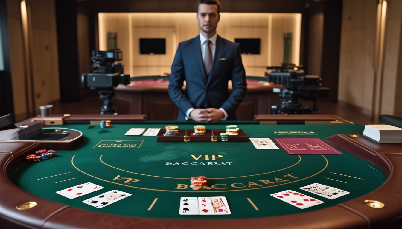 Meja baccarat VIP mewah dengan kartu, chip kasino, dan dealer dalam studio kasino profesional.