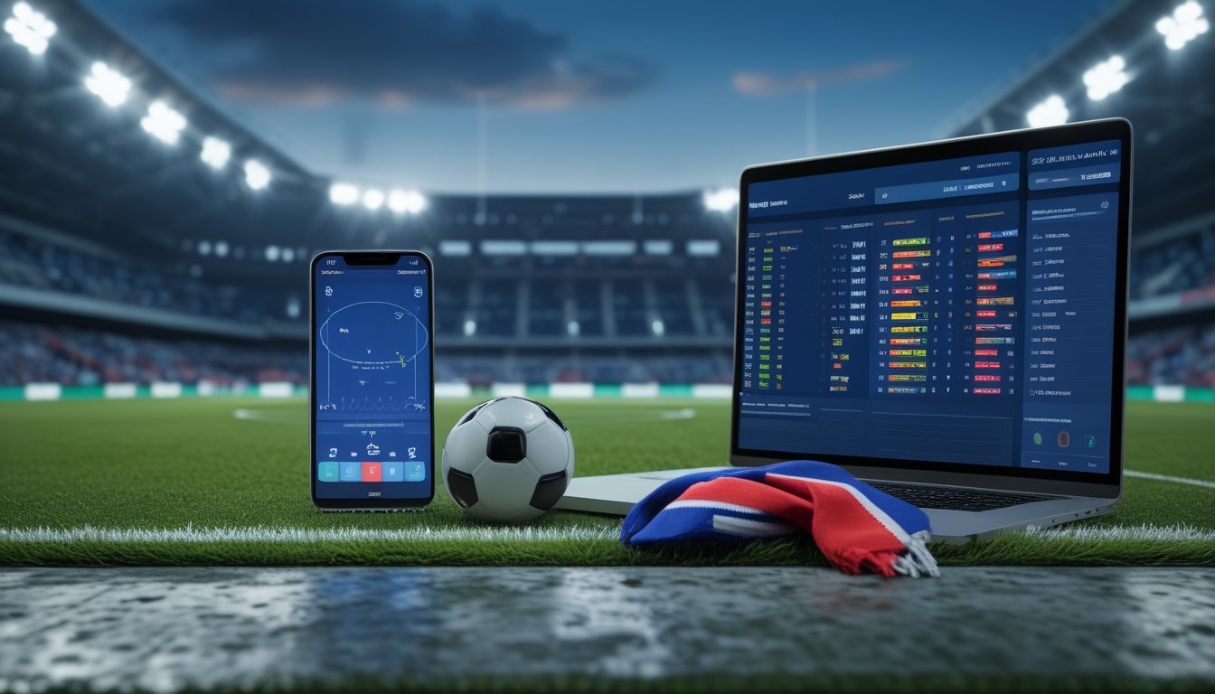 Ponsel dan bola sepak berada di depan stadion yang dipenuhi cahaya lampu dan penonton.