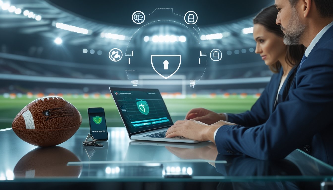 Profesional memeriksa platform sepak bola yang aman di samping bola dan simbol gembok dengan latar stadion.