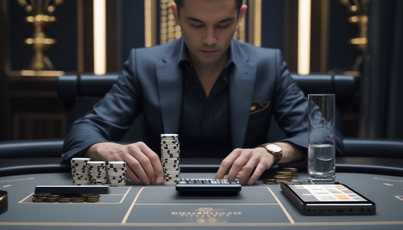 Pemain baccarat VIP duduk di meja elegan dengan tumpukan chip, buku perencanaan keuangan, dan kalkulator yang tertata rapi.