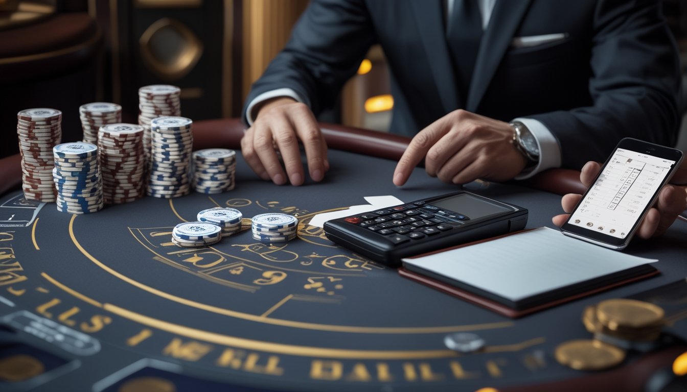 Seorang pemain VIP meninjau modal, chip kasino, dan perlengkapan perencanaan di meja baccarat.
