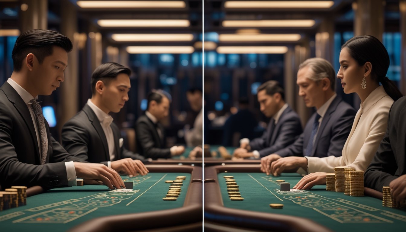 Dua meja baccarat, satu bergaya tradisional dan satu bergaya VIP, ditampilkan dalam suasana kasino elegan.