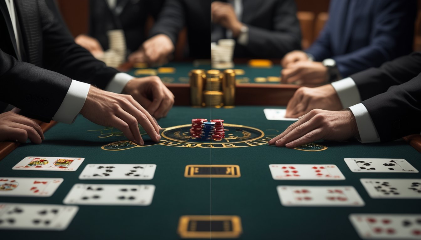 Perbandingan suasana permainan baccarat tradisional dan VIP dengan kartu, meja kasino, dan aksesori premium.