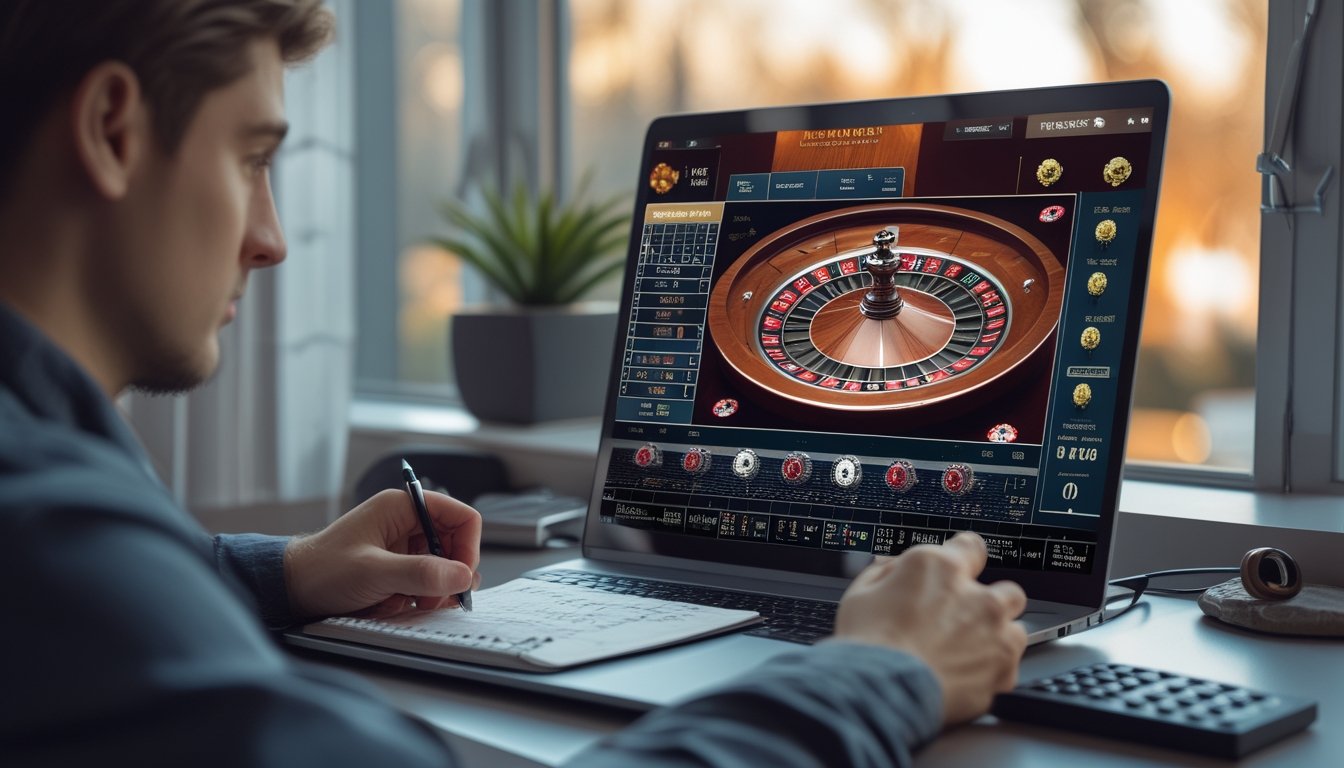 Pemula mempelajari roulette online di laptop sambil mencatat strategi dan mengatur chip taruhan.