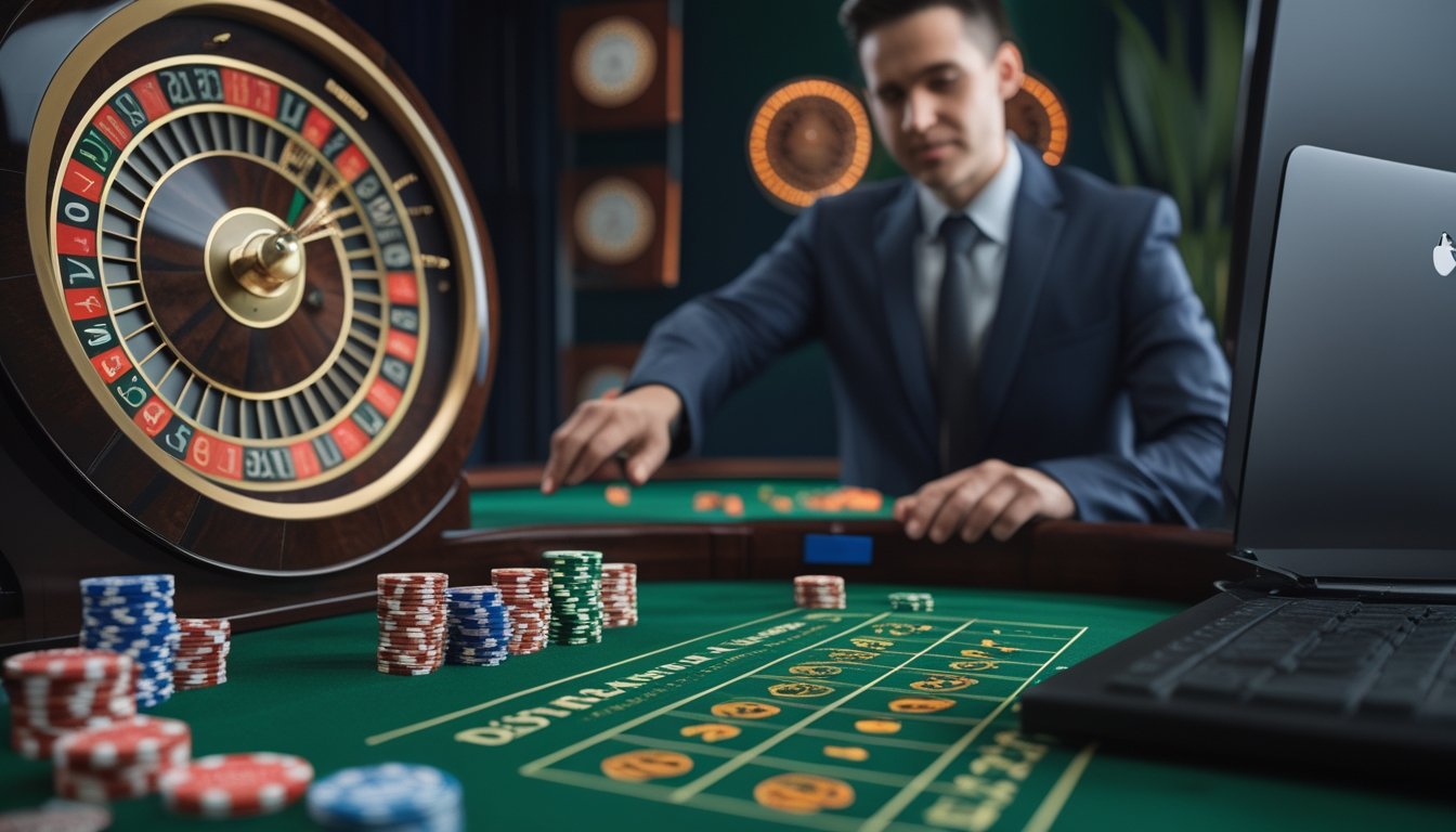 Dealer menunjukkan meja roulette langsung dengan roda roulette, keping taruhan, dan layar permainan daring.