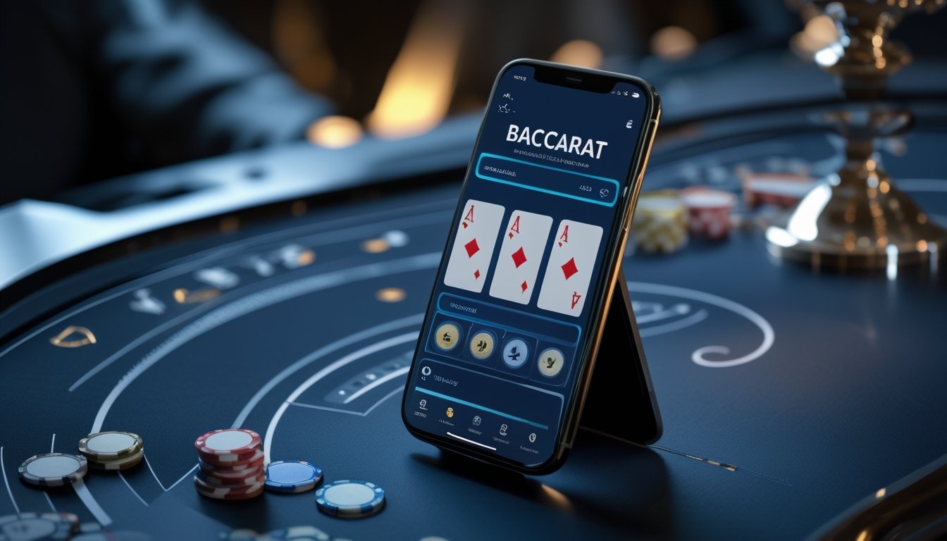 Ponsel pintar menampilkan meja baccarat dengan kartu dan chip di atas meja kaca dalam suasana elegan.