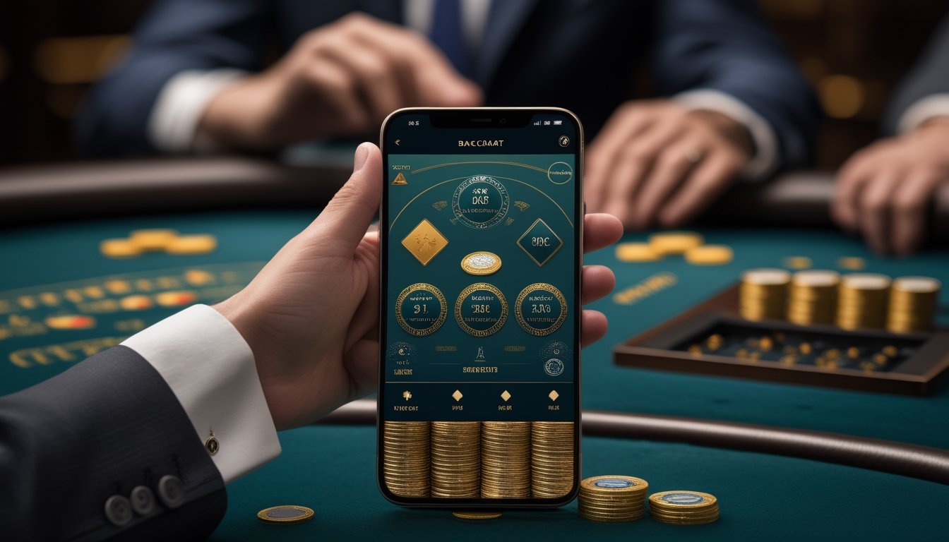 Seseorang memegang ponsel dengan tampilan permainan baccarat di ruang kasino VIP yang elegan.