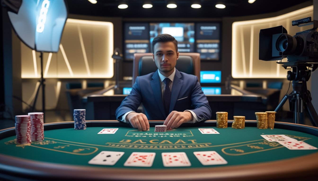 Dealer membagikan kartu baccarat di meja kasino yang disiarkan secara langsung.