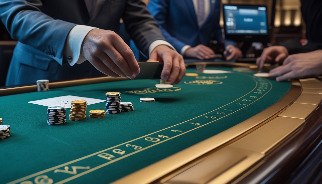Dealer membagikan kartu baccarat di meja kasino dengan pemain yang mengikuti permainan melalui layar.