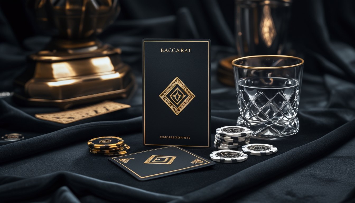 Kartu keanggotaan hitam premium di atas permukaan beludru gelap, dikelilingi kartu baccarat, keping kasino, dan gelas kristal.
