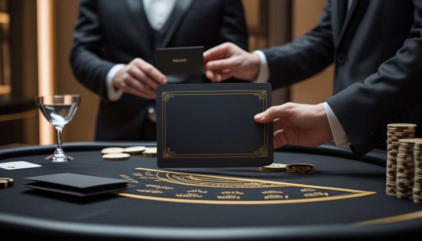 Seorang tuan rumah menyerahkan amplop hitam kepada tamu di ruang kasino VIP mewah dengan meja baccarat di depan.