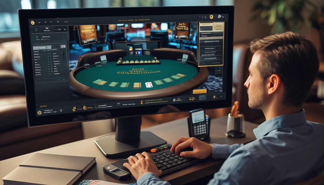 Seorang pemain melihat permainan blackjack langsung di layar dengan kartu dan keping taruhan di meja.
