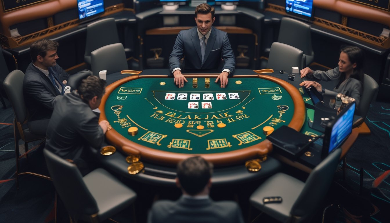 Dealer dan beberapa pemain mengamati meja blackjack live dengan kartu serta keping taruhan.