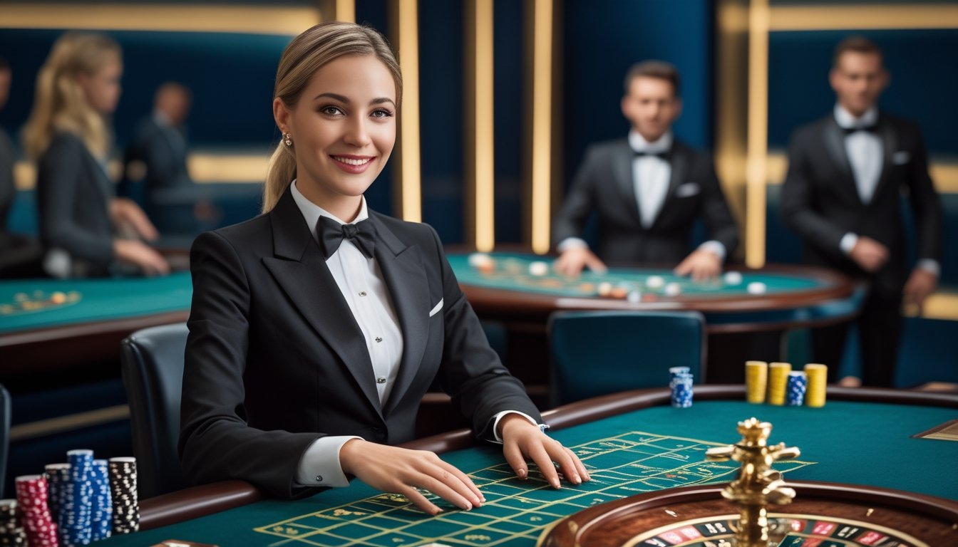 Dealer kasino wanita memandu permainan roulette di studio kasino modern.