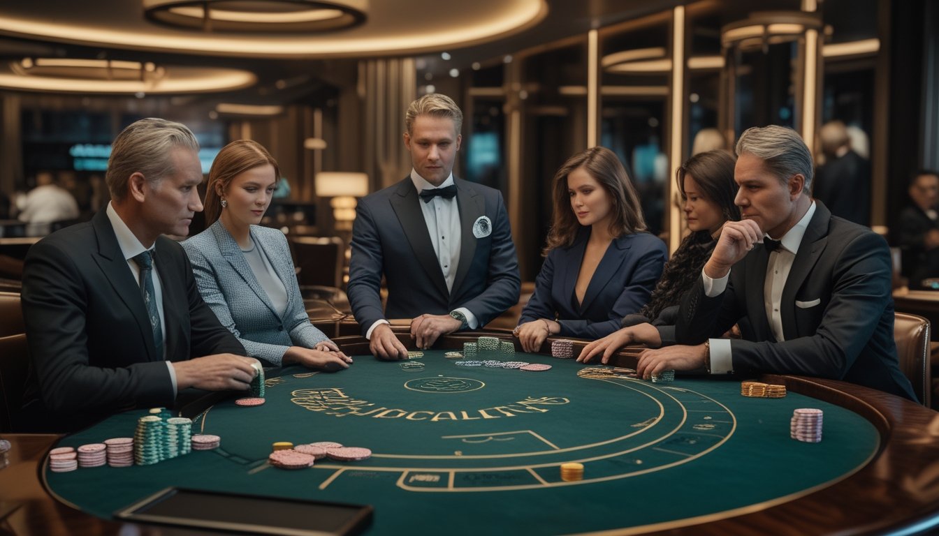 Pemain dewasa yang berhati-hati bermain baccarat di meja VIP kasino mewah bersama dealer.
