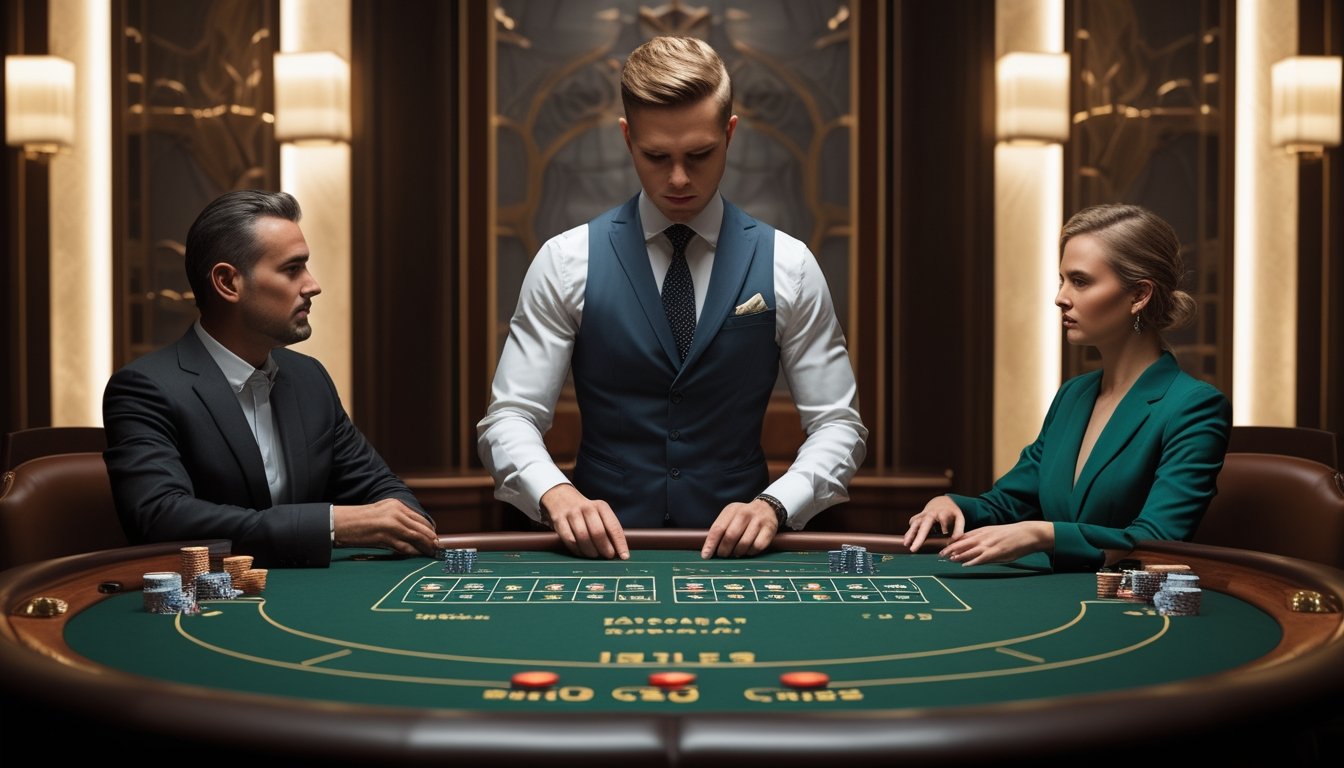 Dealer dan dua tamu VIP memperhatikan meja baccarat yang tertata rapi di ruang kasino pribadi.