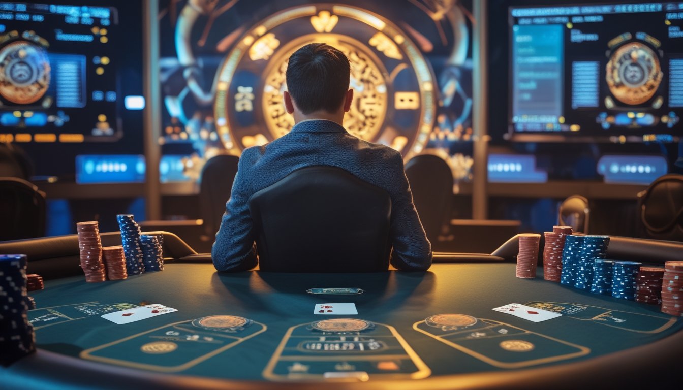 Pemain dewasa sedang menganalisis kartu dan chip di meja permainan Dragon Tiger dalam suasana kasino modern.