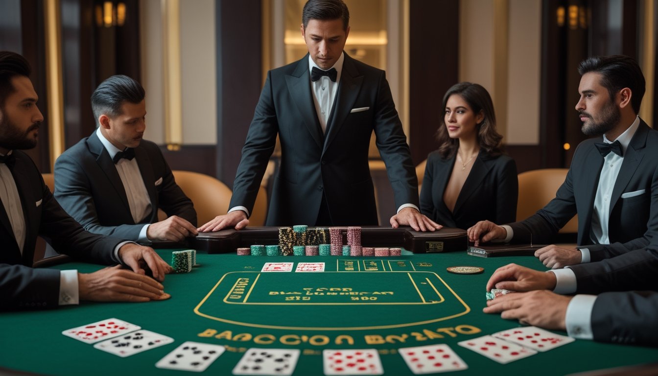 Dealer dan beberapa tamu bermain punto banco di meja baccarat dalam ruangan VIP yang mewah.