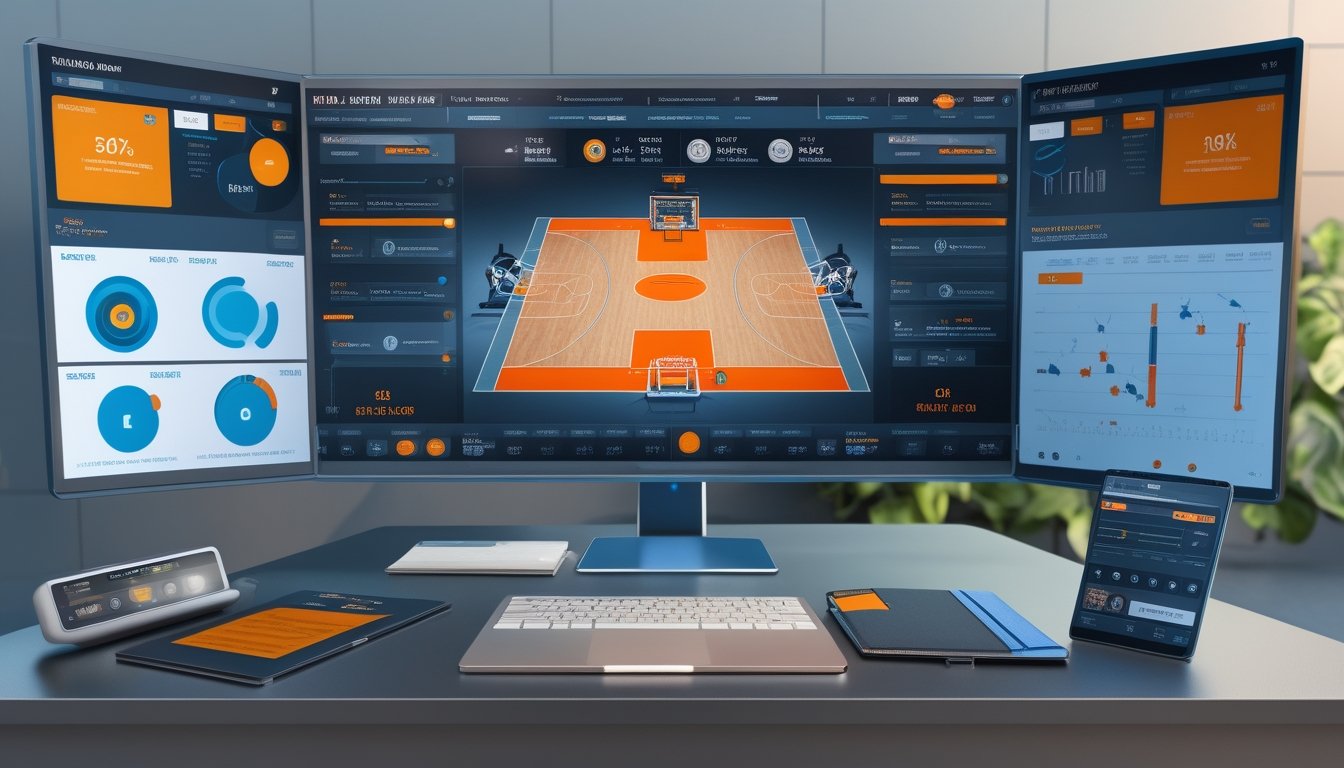 Analis olahraga meninjau grafik statistik pertandingan basket di ruang kerja modern.