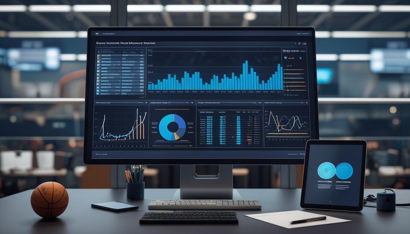 Ruang kerja analitik olahraga dengan layar berisi grafik statistik abstrak, bola basket, tablet, dan perlengkapan pencatatan.
