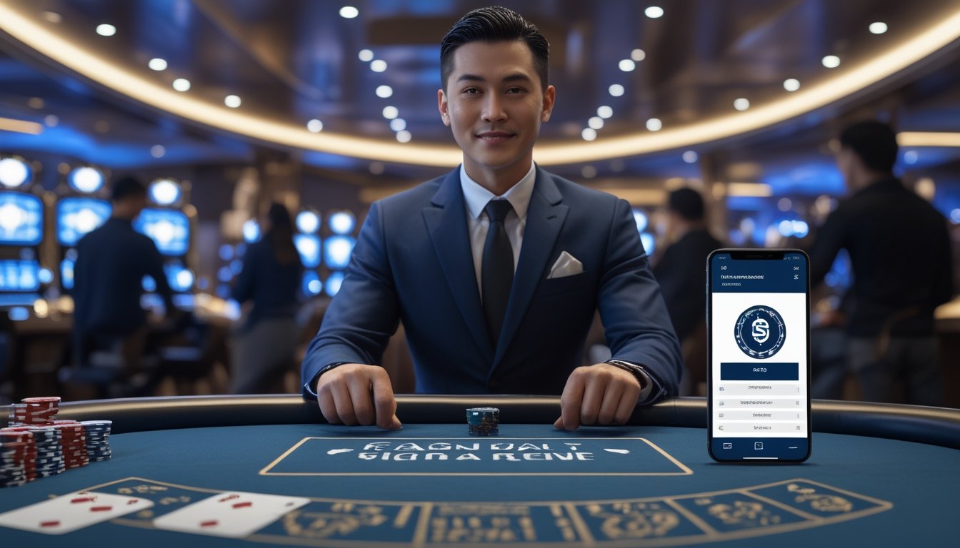 Pemandu kasino dewasa berada di meja permainan dengan ponsel yang menunjukkan transfer dana.