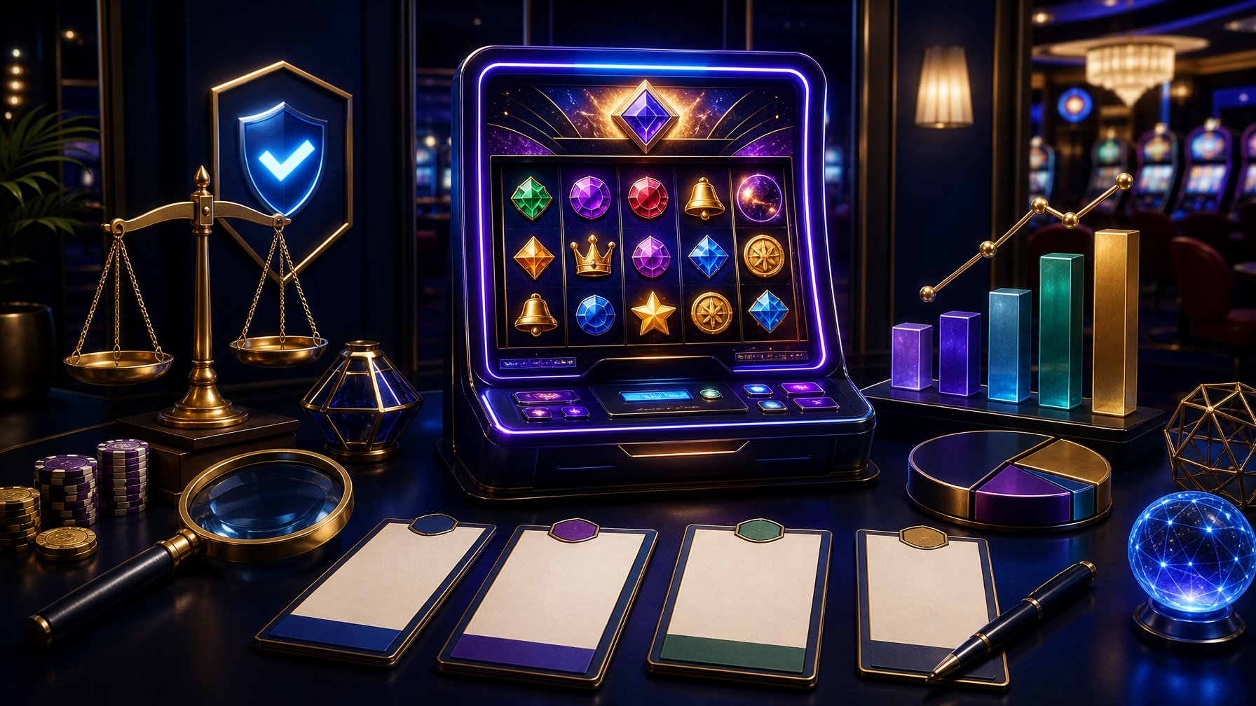 A Glowing Slot Machine Surrounded By Abstract Review And Comparison Elements In A Modern Casino Setting.