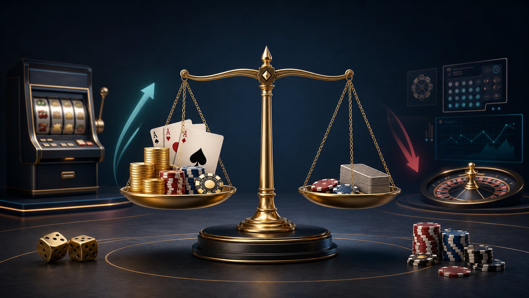 Balanced Scales Surrounded By Casino Chips, Cards, Dice, Roulette Details, And A Slot Machine.
