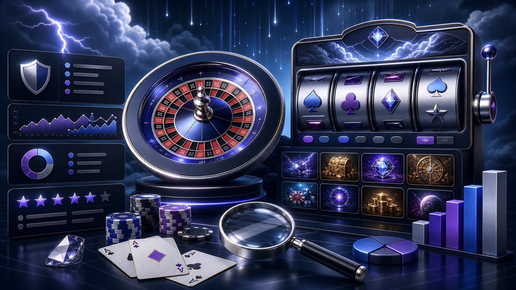 A Polished CasinoThemed Scene With A Roulette Wheel, Playing Cards, Chips, Slot Machine Elements, And StormInspired Blue Lighting.