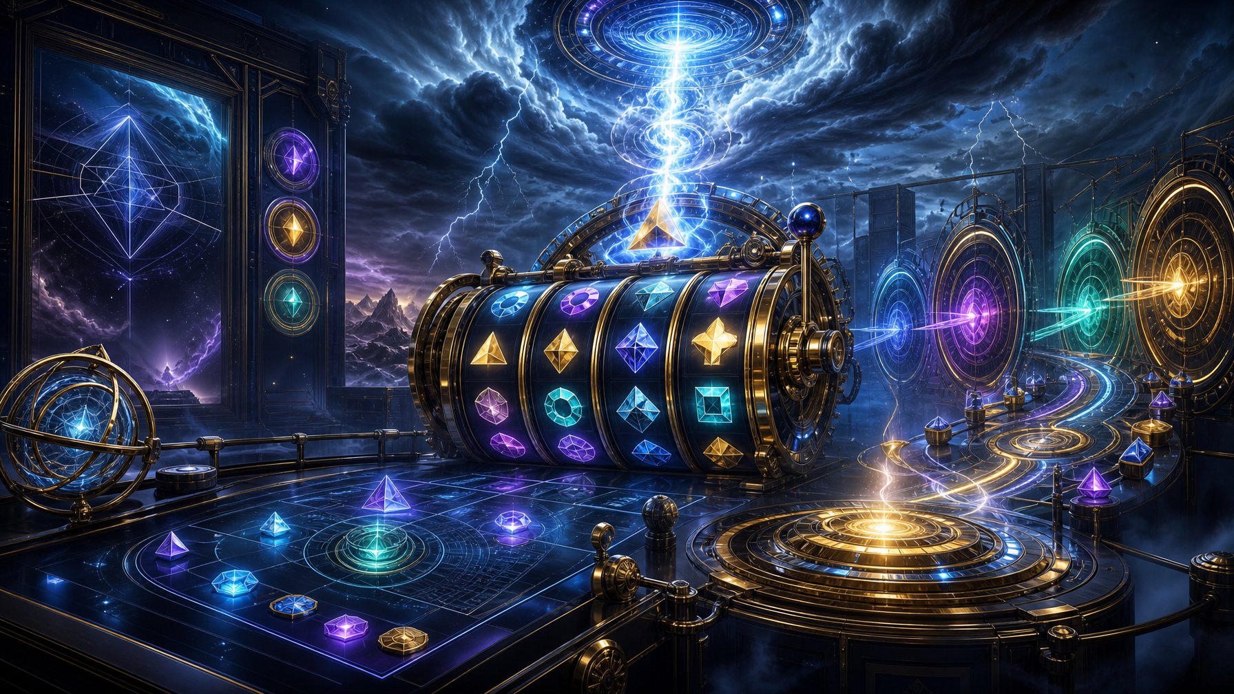 A Glowing StormThemed Digital Slot Mechanism Surrounded By Swirling Clouds, Lightning, And Abstract Game Elements.