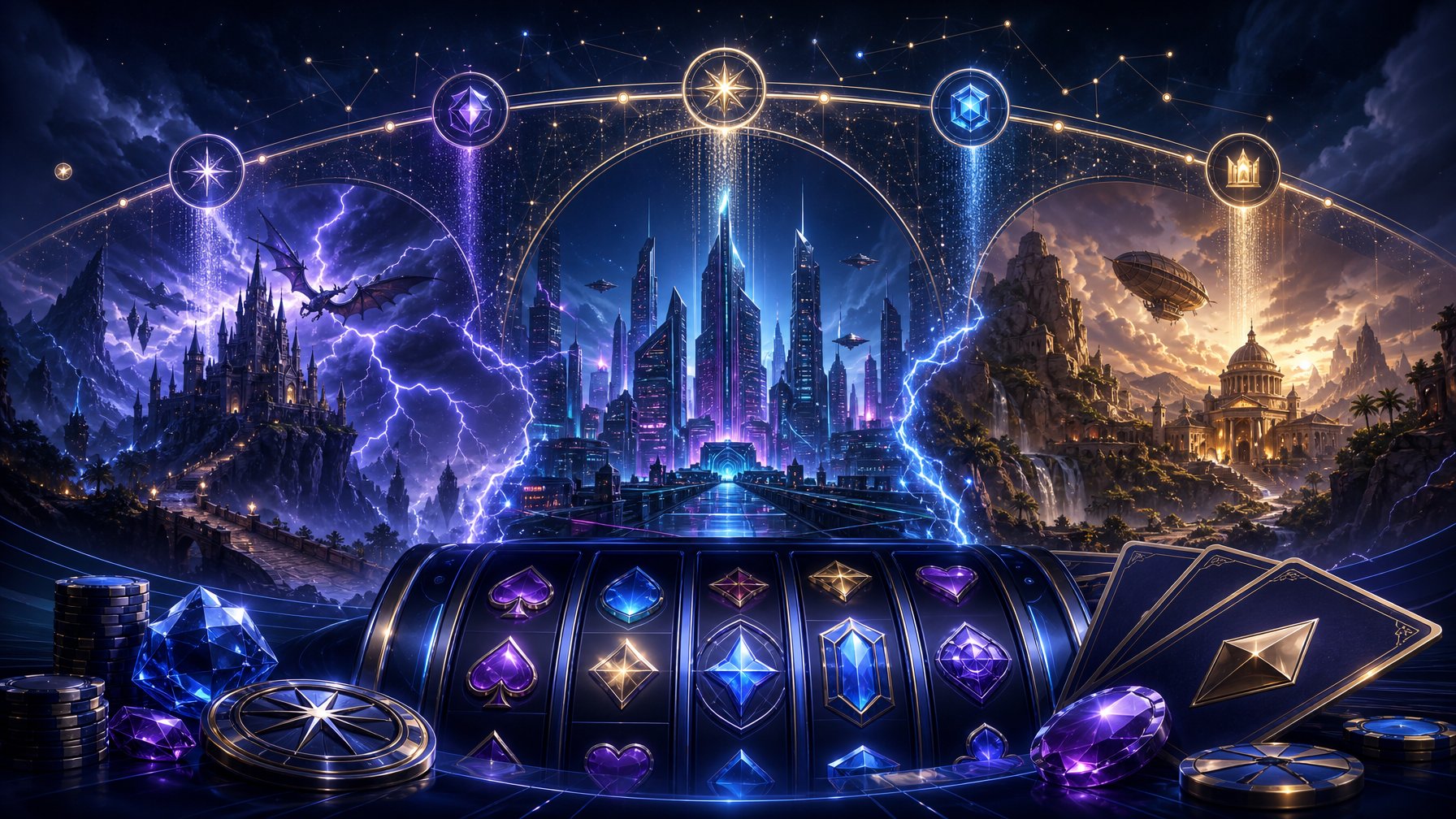 A Luminous Timeline Connects Several Fantastical Casino Game Worlds, Symbolizing A Studio’s Landmark Releases And Lasting Franchise Legacy.