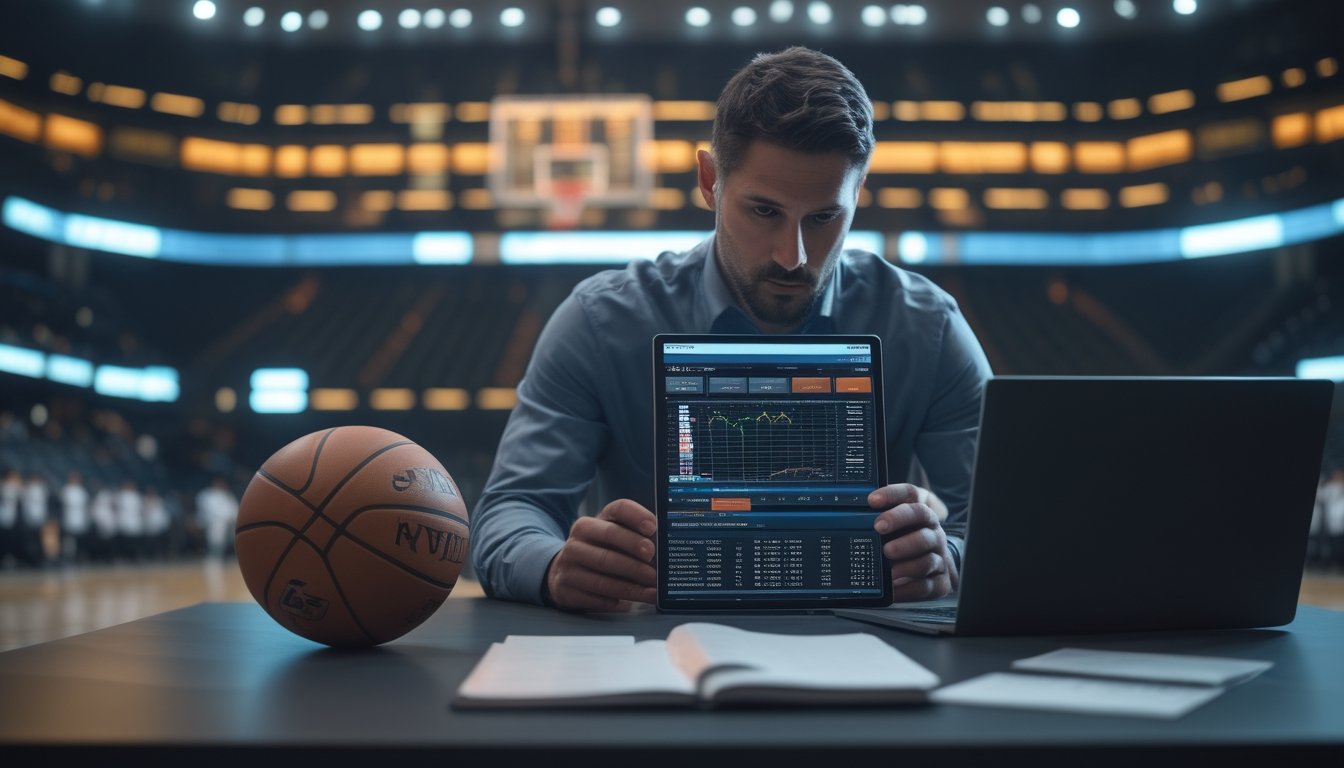 Analis olahraga mempelajari data pertandingan basket di meja kerja dengan bola basket dan arena di latar belakang.