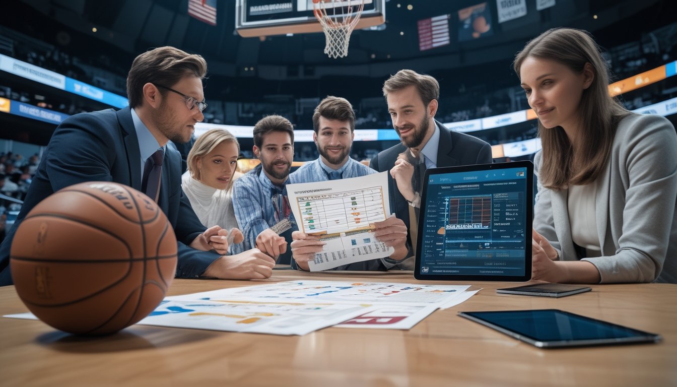 Analis dan penggemar basket mempelajari statistik pertandingan NBA di ruang kerja dengan bola basket dan lapangan di latar belakang.