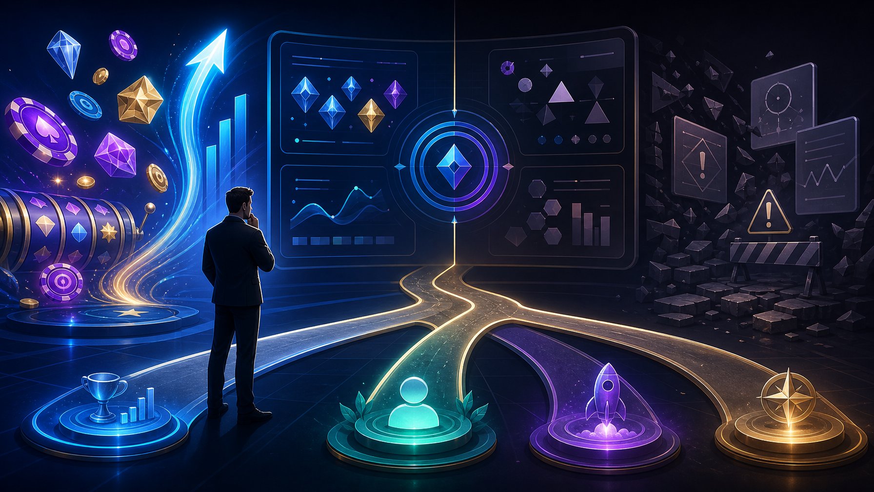 A Modern Casino Gaming Scene Showing Positive Opportunities, Obstacles, And A Branching Path Representing Strategic Next Steps.