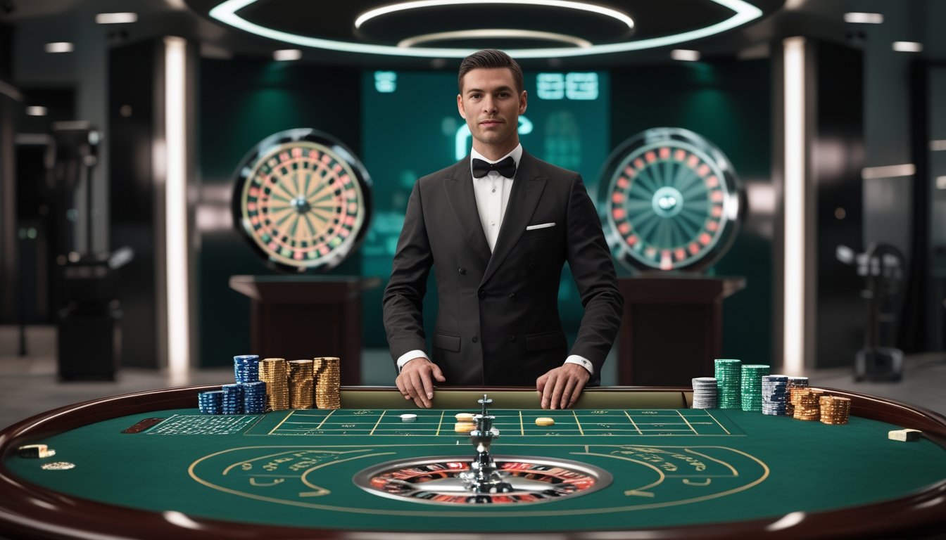 Meja roulette langsung di studio kasino modern dengan croupier, roda roulette, dan beberapa variasi permainan.