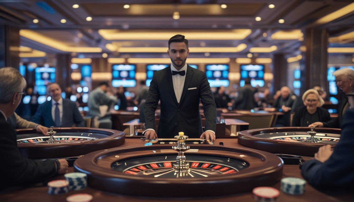 Dealer dan beberapa pemain mengamati roda roulette di dalam kasino modern.