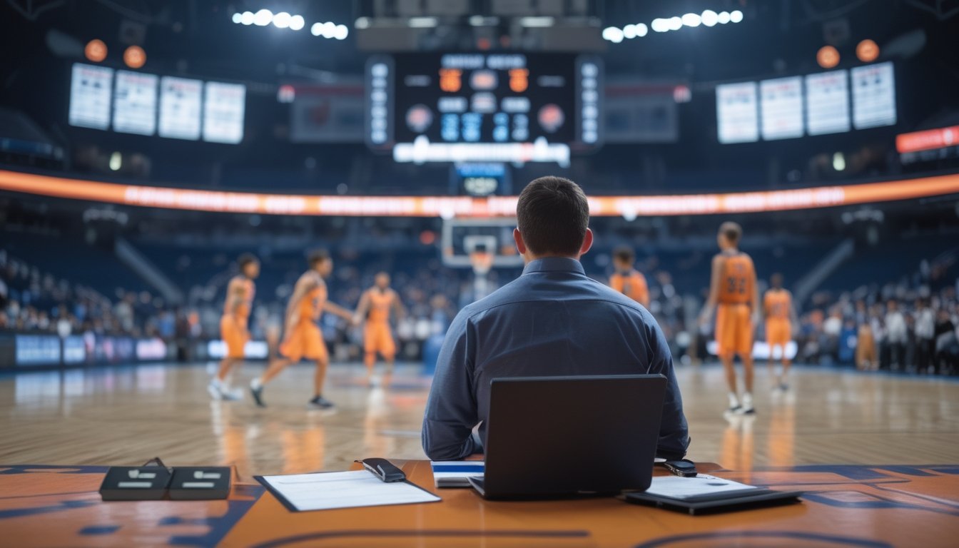 Analis memeriksa statistik pertandingan basket di laptop dari sisi lapangan arena.
