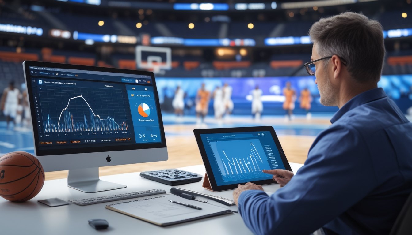 Analis olahraga mempelajari statistik pertandingan basket di meja kerja dengan arena basket di latar belakang.