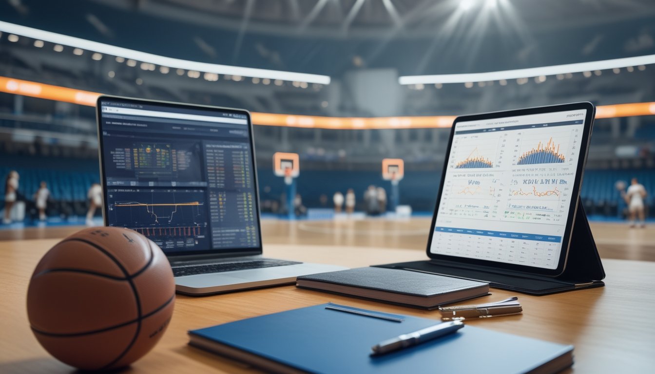 Meja analisis dengan bola basket, laptop berisi grafik abstrak, dan arena basket di latar belakang.