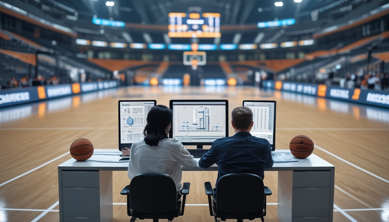 Dua analis mempelajari data pertandingan basket di meja dekat lapangan dalam arena olahraga.