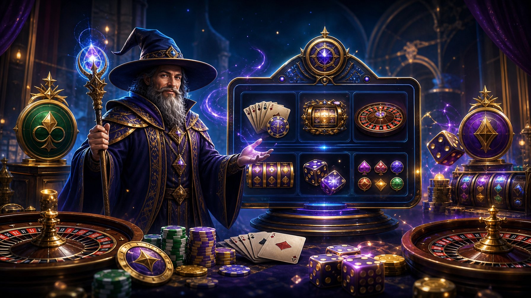 A Robed Wizard Stands In A Sophisticated Casino Setting Surrounded By Cards, Dice, Roulette, Slot Reels, And Glowing Gaming Displays.