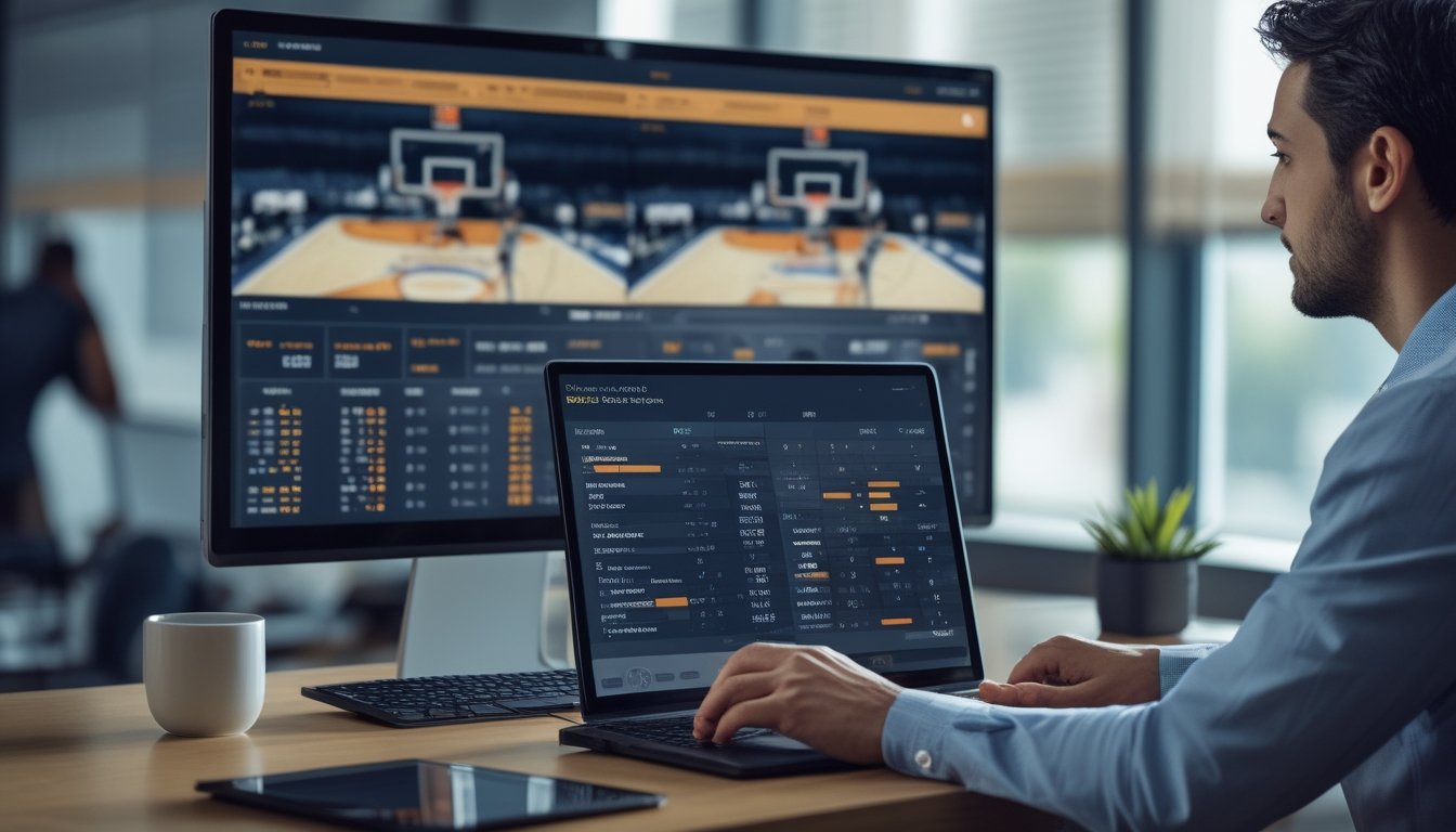 Analis meninjau statistik pertandingan bola basket di ruang kerja modern dengan laptop dan tablet.