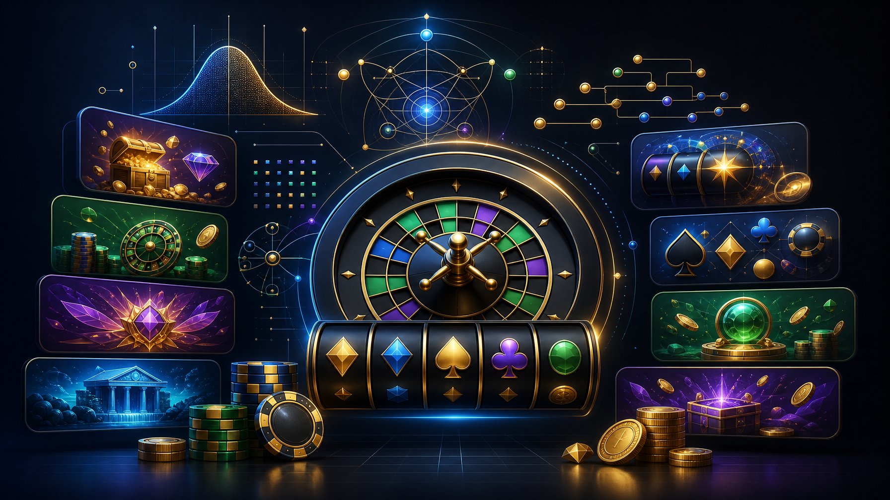 A Sophisticated Casino Game Portfolio Represented By Roulette, Slot Mechanics, Reward Symbols, And Abstract Probability Diagrams.