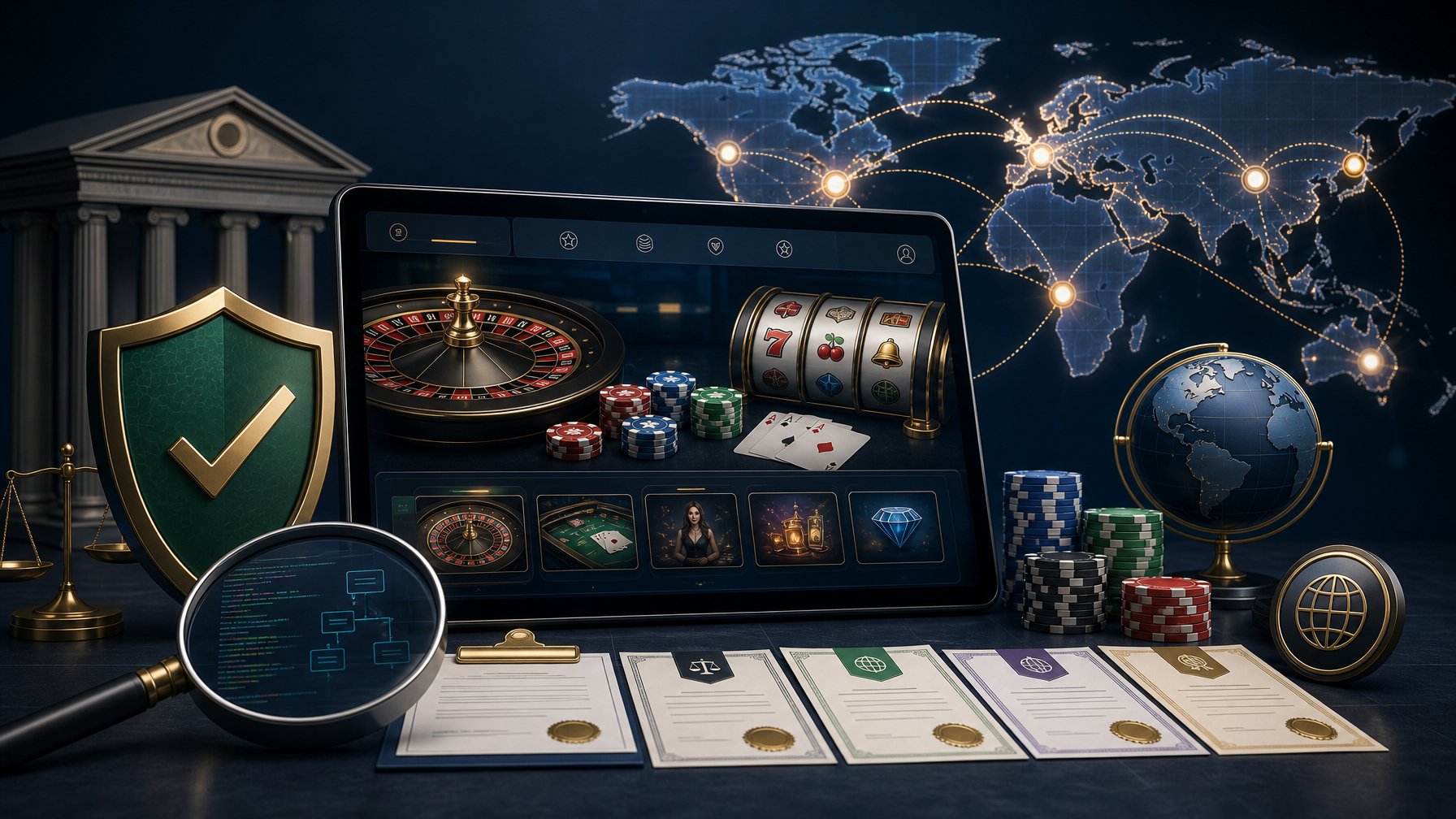 A Modern Casino Game Display Surrounded By Security, Testing, Certification, And Global Market Symbols.