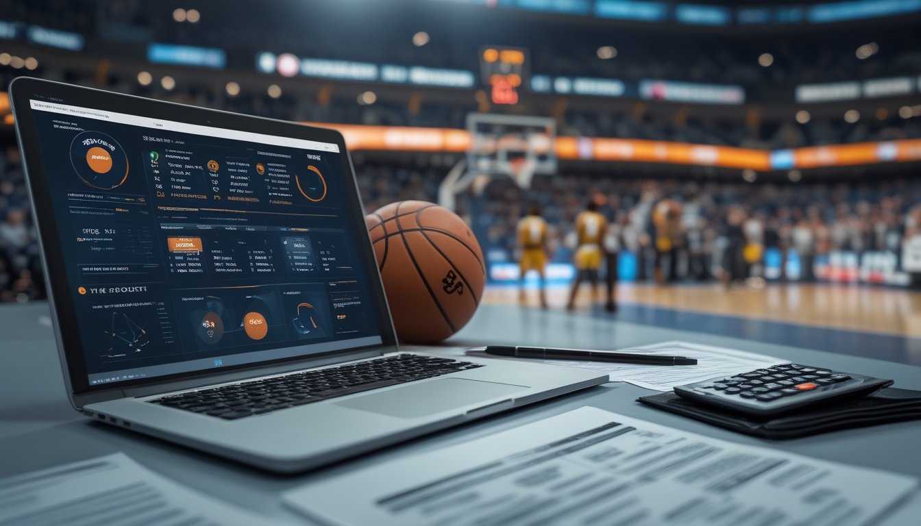 Analis olahraga mempelajari data pertandingan basket di meja kerja dengan laptop, bola basket, dan arena di latar belakang.