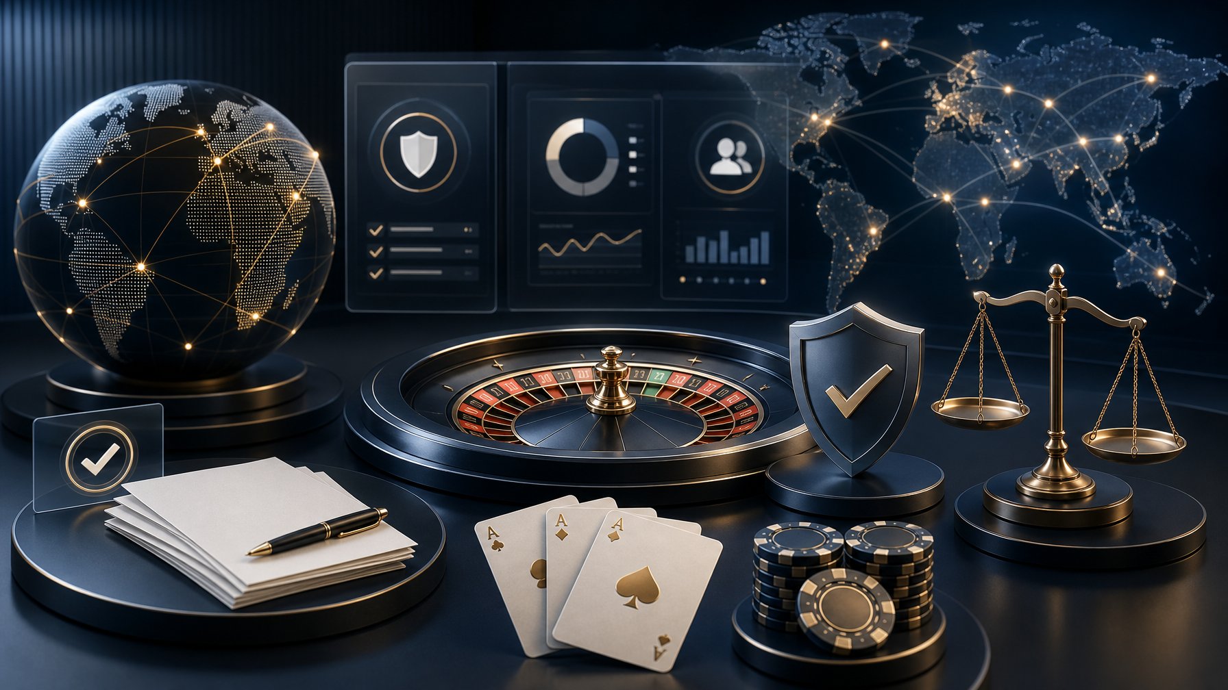 A Modern Casino Technology Scene Featuring A Roulette Wheel, Fairness Scales, A Security Shield, And Global Network Connections.