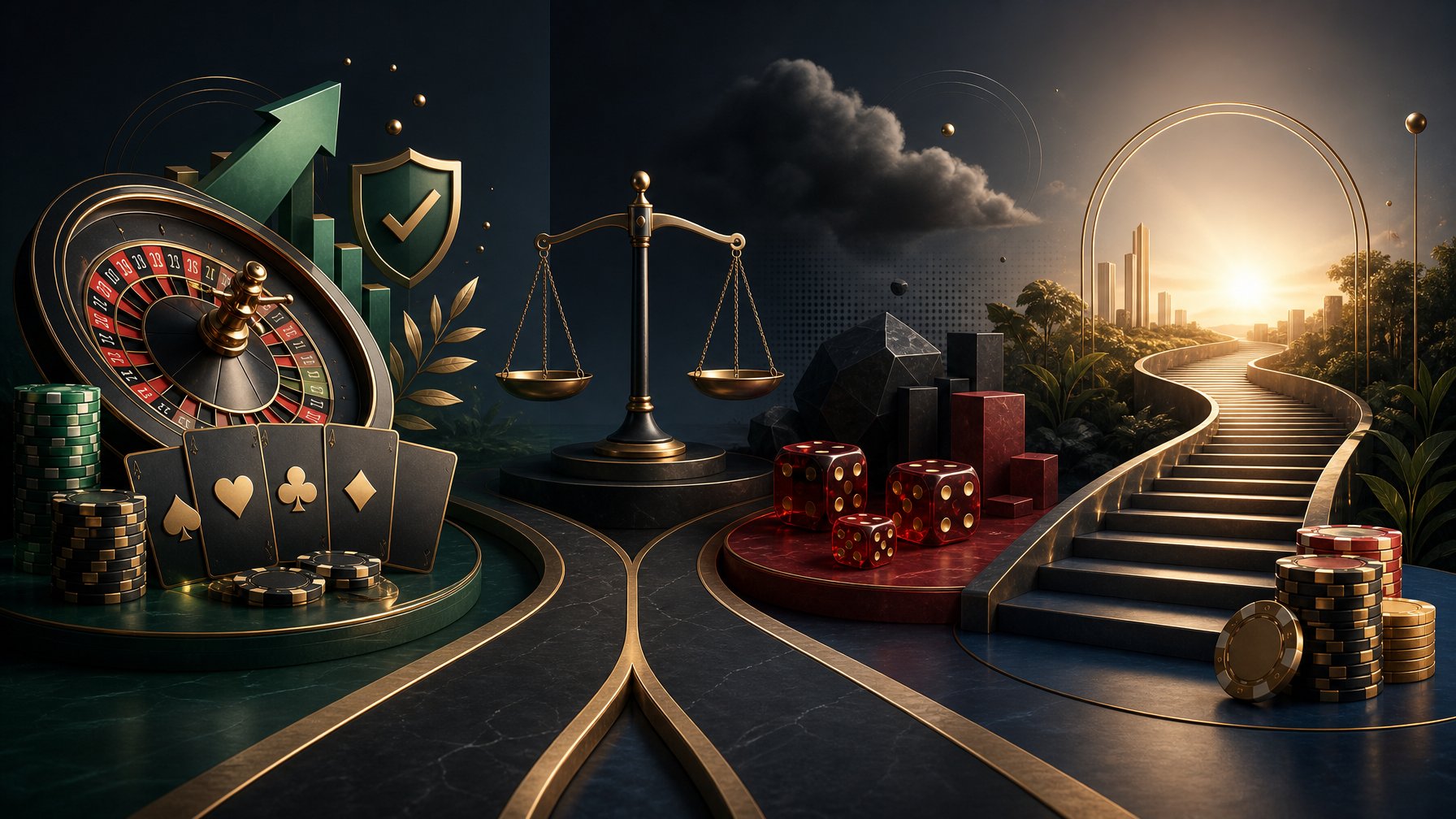 Casino Game Elements Arranged Around Balanced Scales And A Pathway Leading Toward A Bright Horizon.